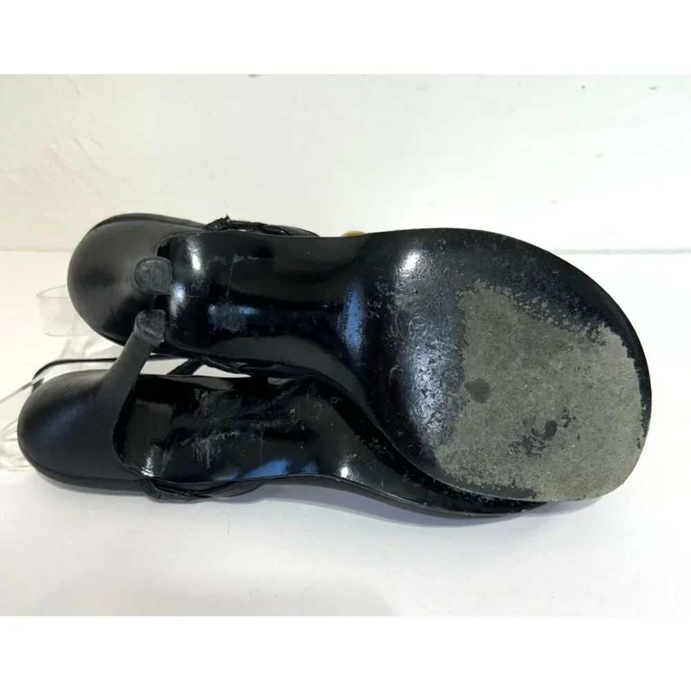 Chanel Sz 36 Black Leather Slingback Heels With Gold Chain Rhinestone Detail